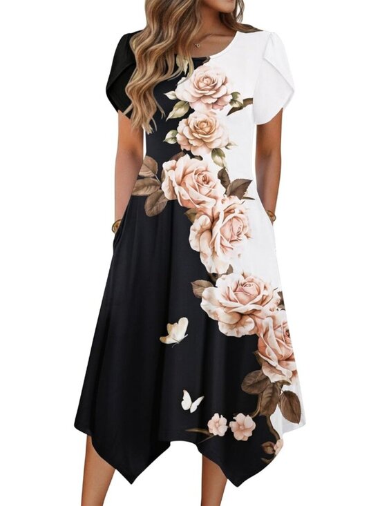 Dresses & Skirts - Women Summer Casual Midi Dress Short Sleeve Pockets Loose Flowy Beach Sundress